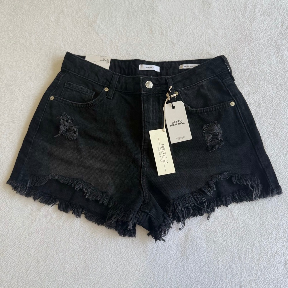 Forever 21 Denim Shorts Womens 27 Black Retro High Rise Distressed Frayed Hem‎